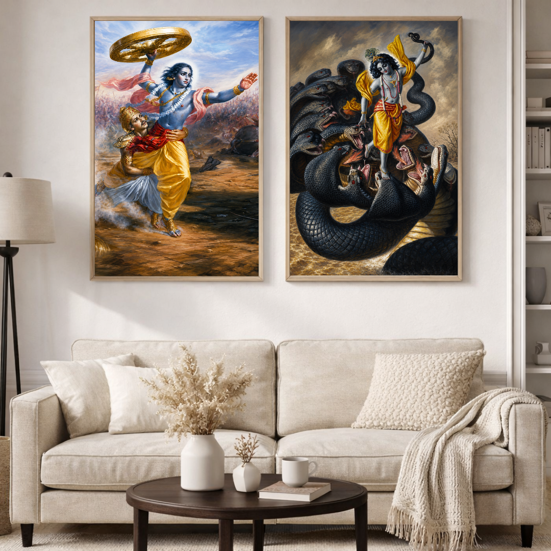 Krishna Divine Protector Poster Set | Sudarshan Chakra & Kaliya Mardan Wall Art | Decorxhome