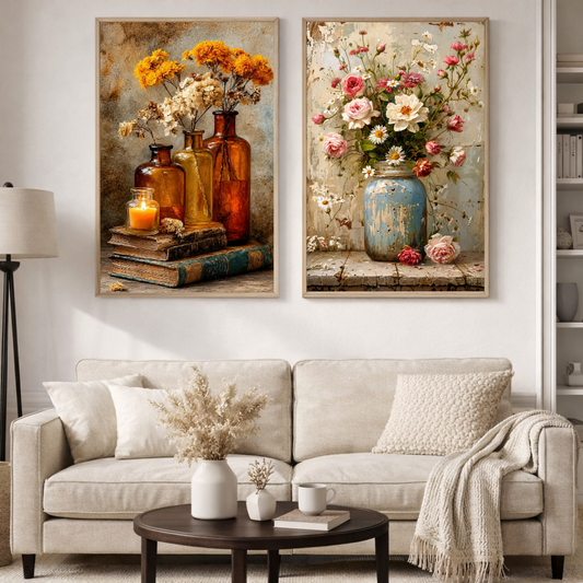 Vintage Floral Still Life Poster Set | Rustic Vase & Bloom Wall Art Prints | Decorxhome
