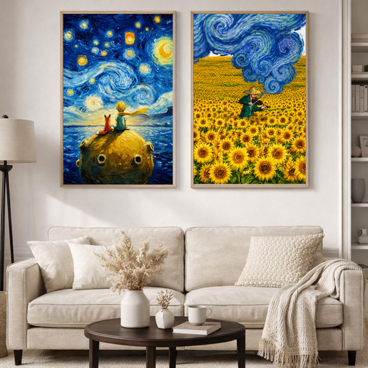 Starry Dreams & Sunflower Symphony Poster Set | Impressionist Inspired Wall Art Prints | Decorxhome