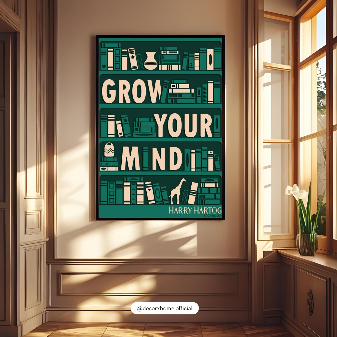 Grow Your Mind – Minimalist Bookshelf Inspirational Wall Poster