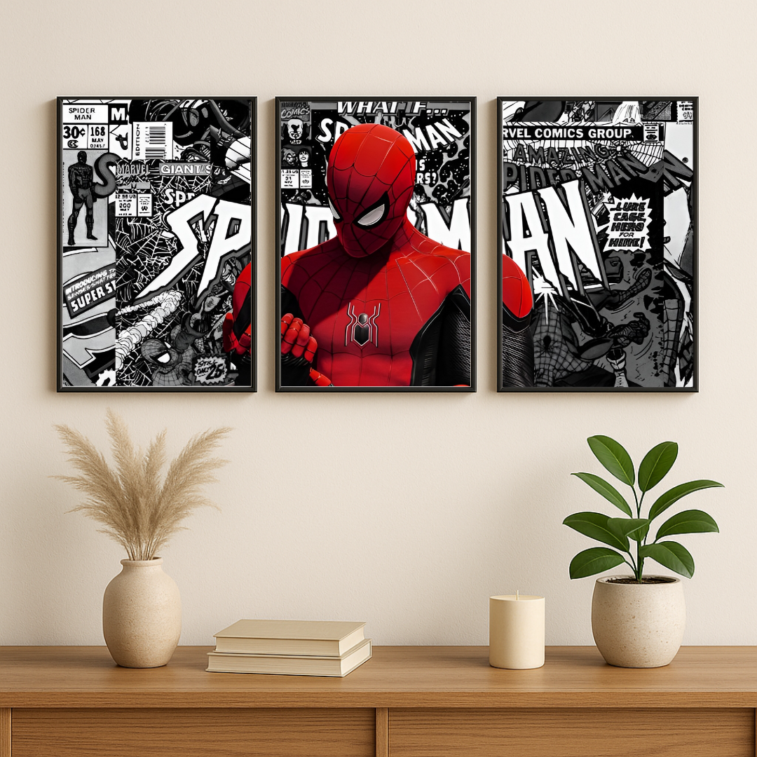 "Spider-Man Split Wall Poster 🖼️ | 3-Piece Comic Art Décor"