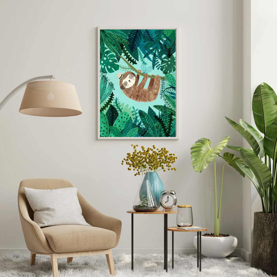 Sleepy Sloth in the Jungle Framed Poster | Whimsical Kids Wall Art by Decorxhome