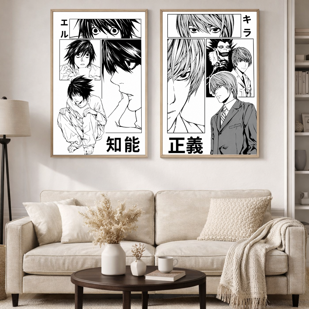 Death Note L & Light Yagami Manga Poster Set | Minimal Black & White Anime Wall Art | Decorxhome