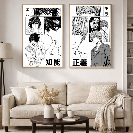 Death Note L & Light Yagami Manga Poster Set | Minimal Black & White Anime Wall Art | Decorxhome