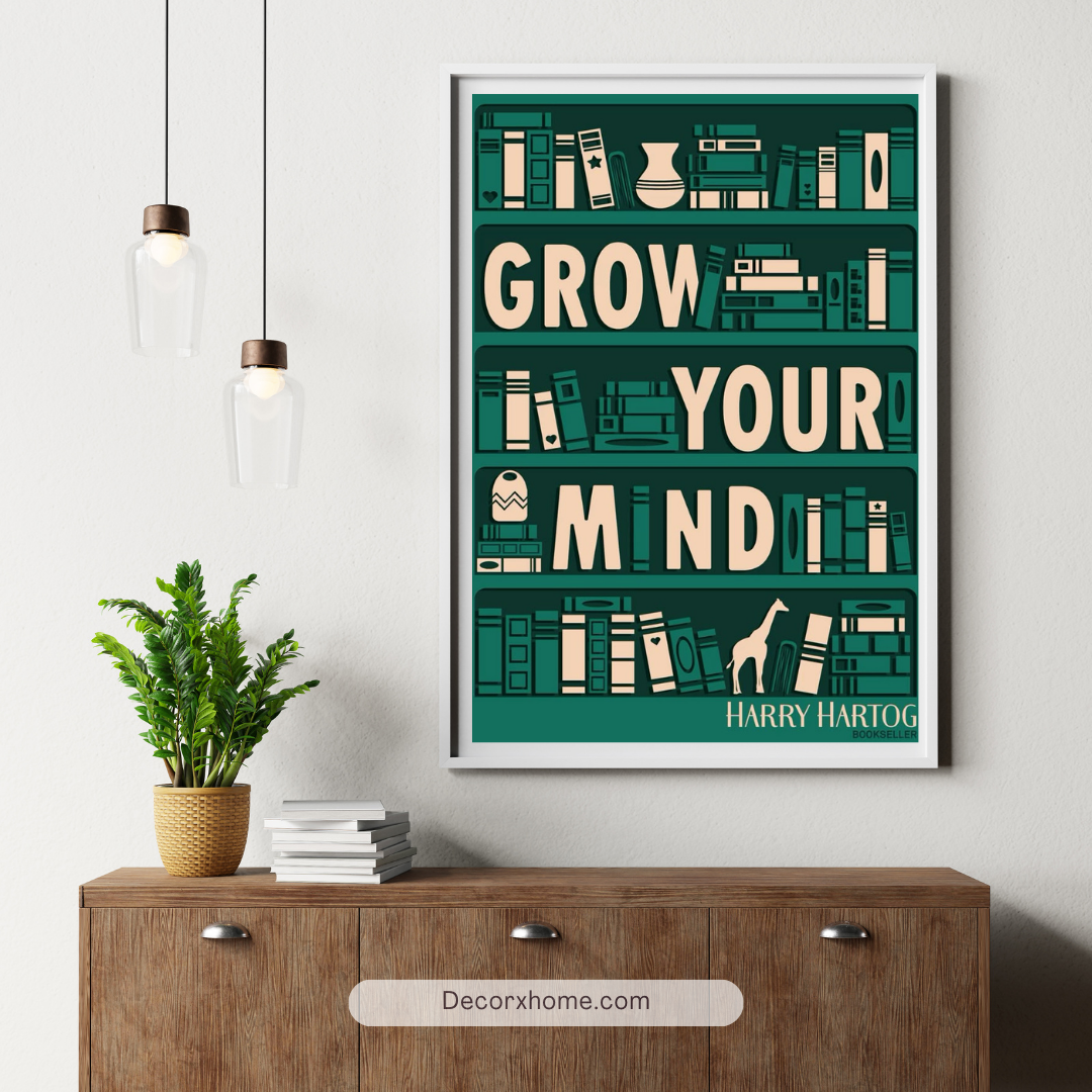 Grow Your Mind – Minimalist Bookshelf Inspirational Wall Poster