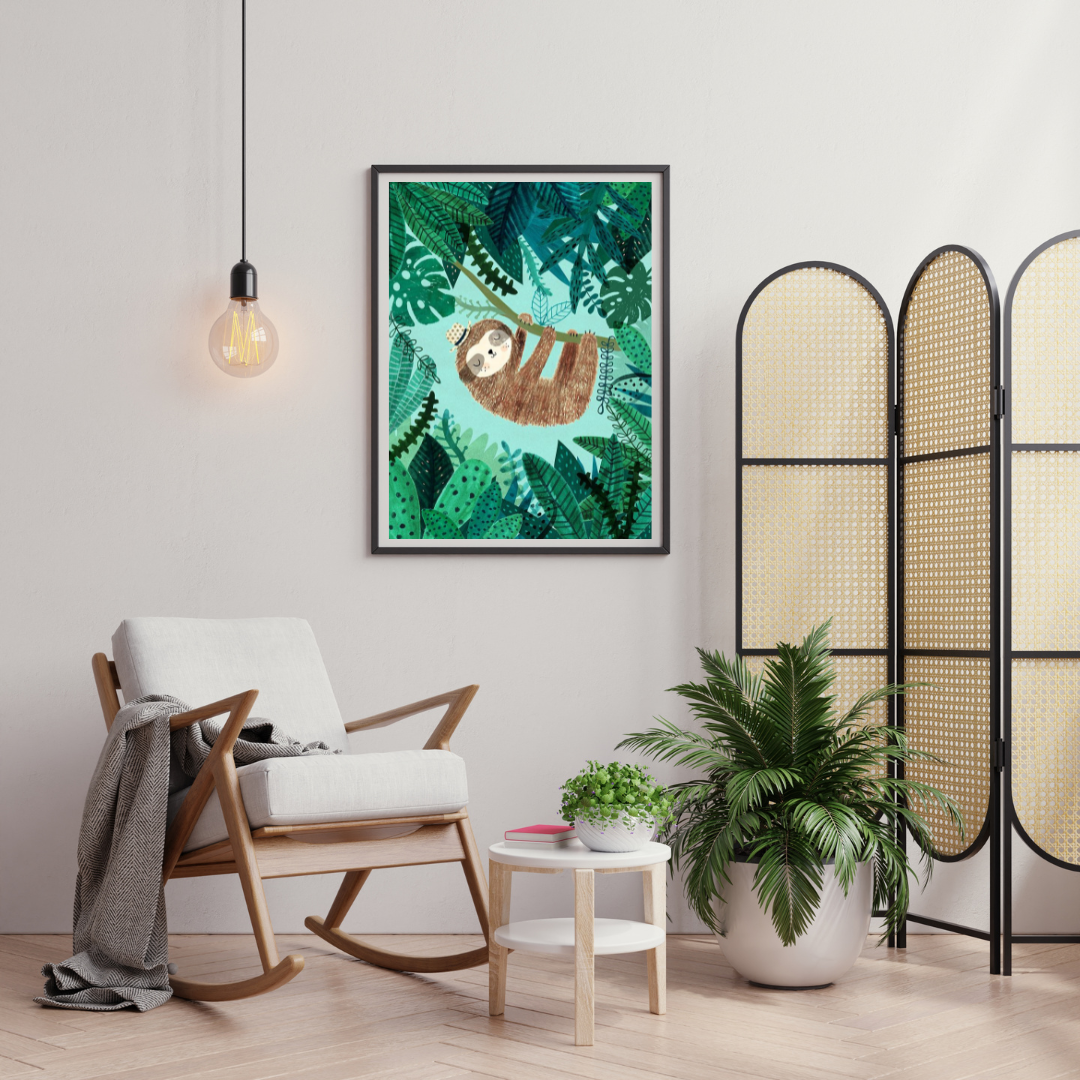 Sleepy Sloth in the Jungle Framed Poster | Whimsical Kids Wall Art by Decorxhome