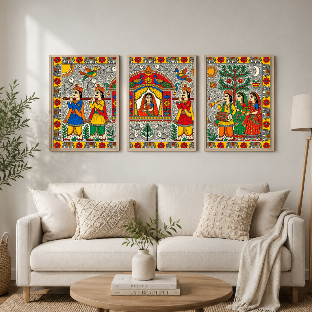DecorexHome Set of 3 Madhubani Art Wall Posters | Traditional Indian Folk Art & Cultural Wall Decor