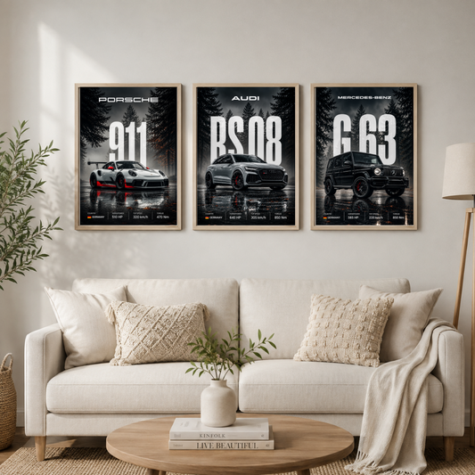 Luxury German Performance Cars Wall Art Set of 3 – Porsche 911, Audi RS6 & Mercedes G63 | Car Posters
