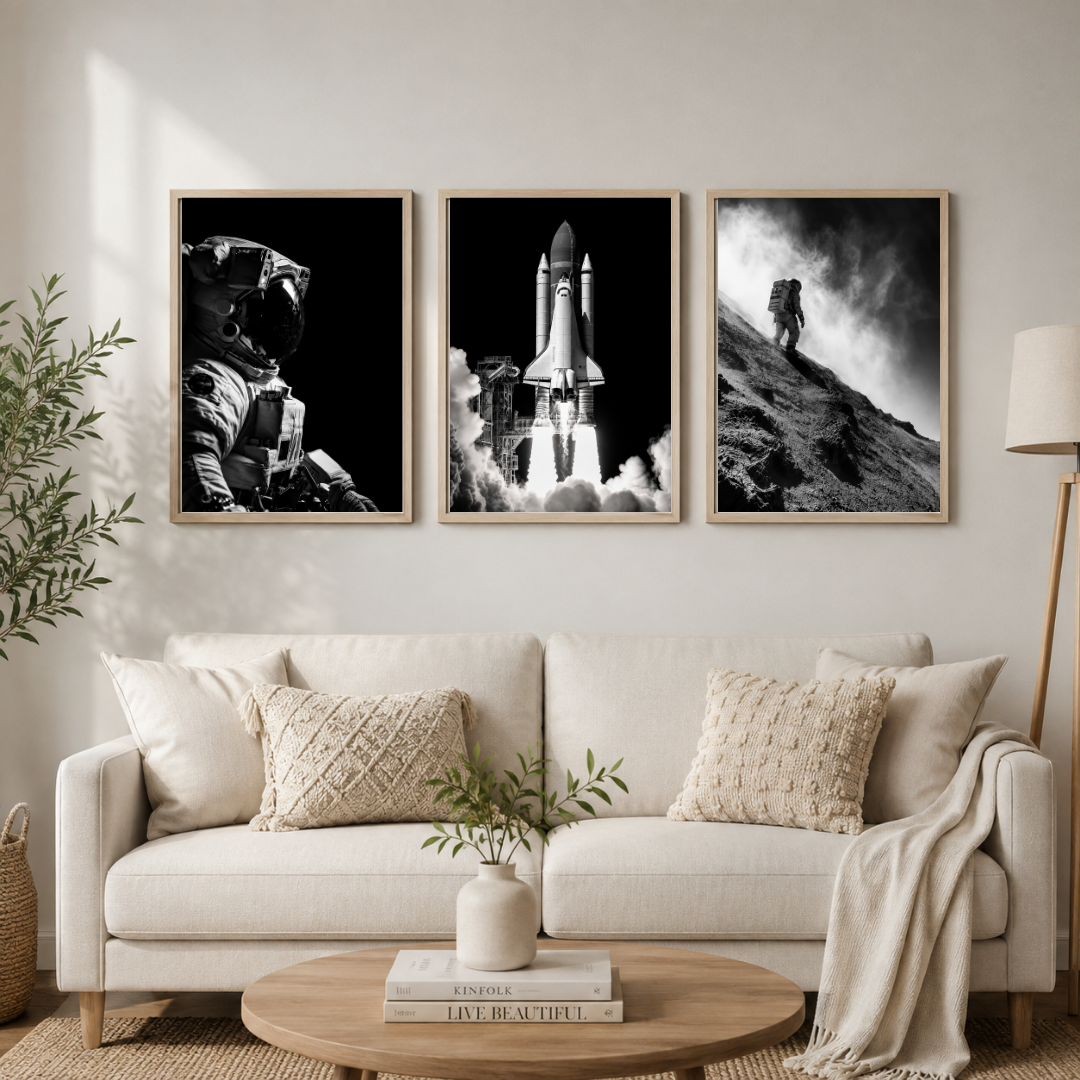 Black & White Adventure Wall Art Set – Astronaut, Space Shuttle & Mountain Explorer