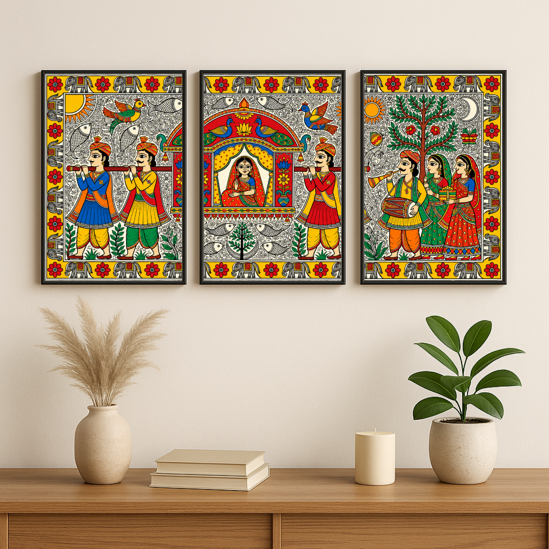 DecorexHome Set of 3 Madhubani Art Wall Posters | Traditional Indian Folk Art & Cultural Wall Decor