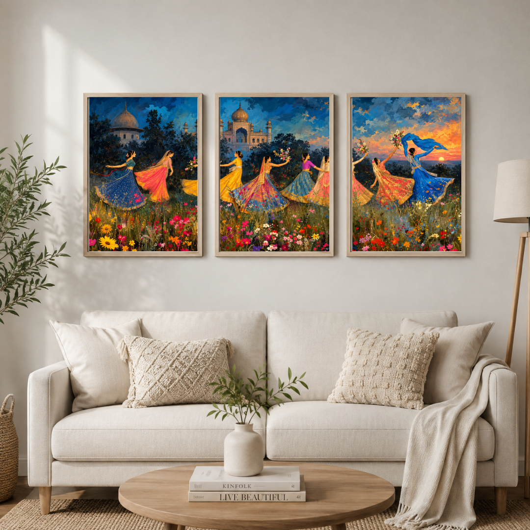 DecorexHome Set of 3 Indian Royal Garden Wall Art Posters | Mughal Palace, Floral & Traditional Women Artwork