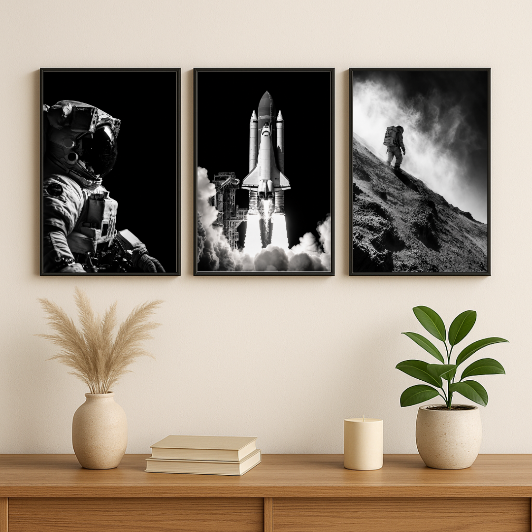 Black & White Adventure Wall Art Set – Astronaut, Space Shuttle & Mountain Explorer