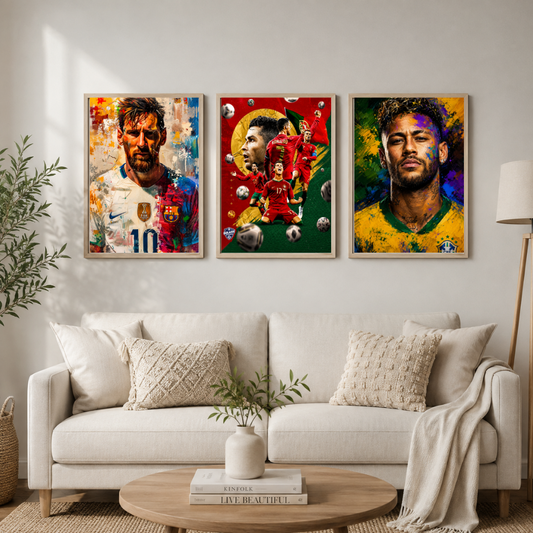 Football Legends Wall Art Set of 3 – Messi, Ronaldo & Neymar | Premium Football Poster Set