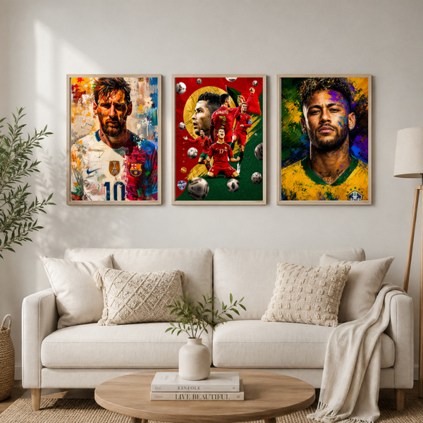 Football Legends Wall Art Set of 3 – Messi, Ronaldo & Neymar | Premium Football Poster Set
