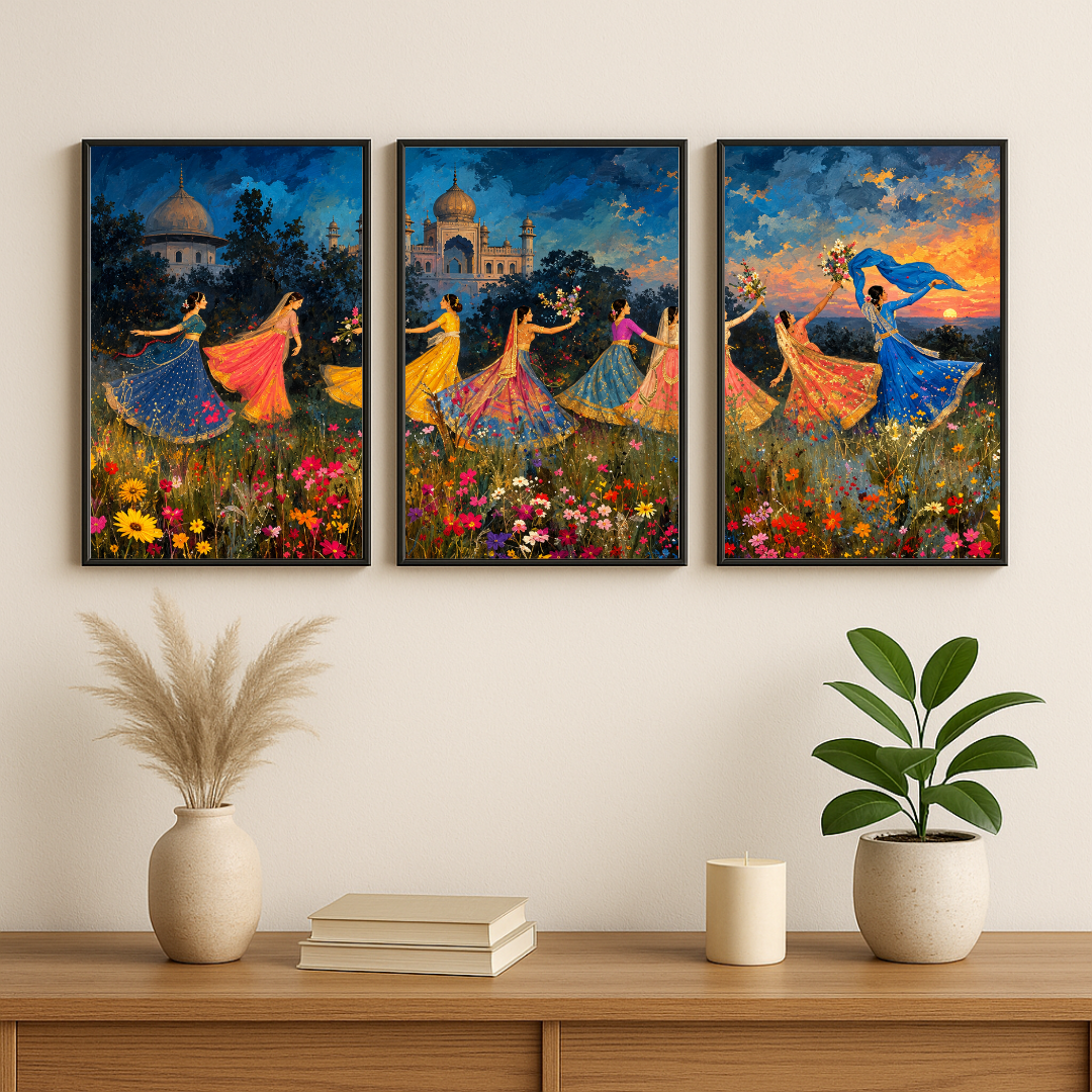 DecorexHome Set of 3 Indian Royal Garden Wall Art Posters | Mughal Palace, Floral & Traditional Women Artwork