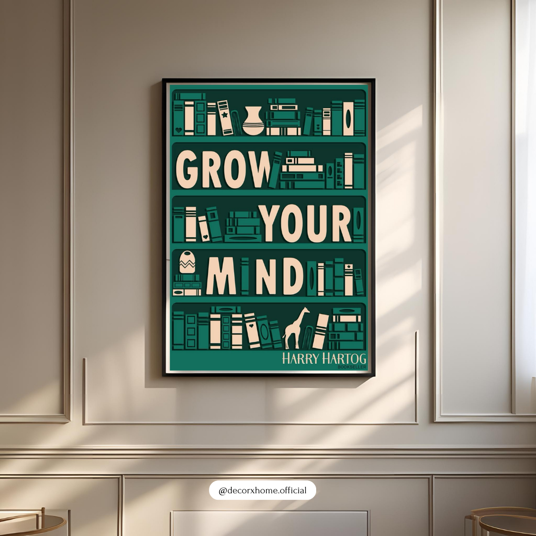 Grow Your Mind – Minimalist Bookshelf Inspirational Wall Poster