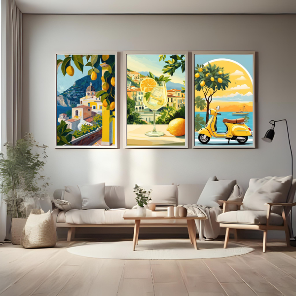 🍋 Amalfi Coast Wall Art Set of 3 – Italian Summer Lemon & Vespa Posters 🌞
