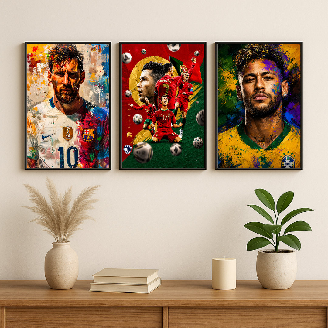 Football Legends Wall Art Set of 3 – Messi, Ronaldo & Neymar | Premium Football Poster Set