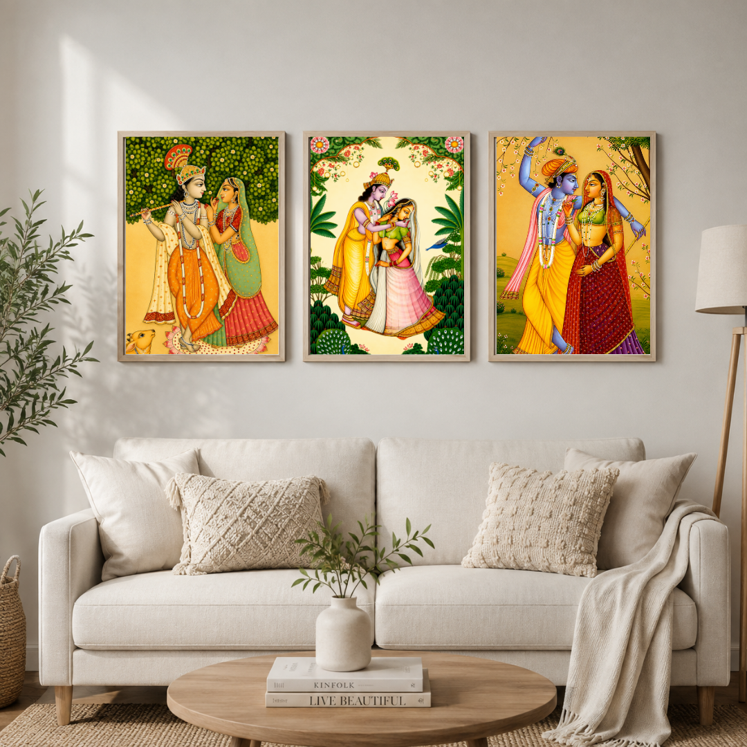 Radha Krishna Wall Art Set of 3 – Traditional Indian Divine Couple Paintings | Spiritual Home Décor