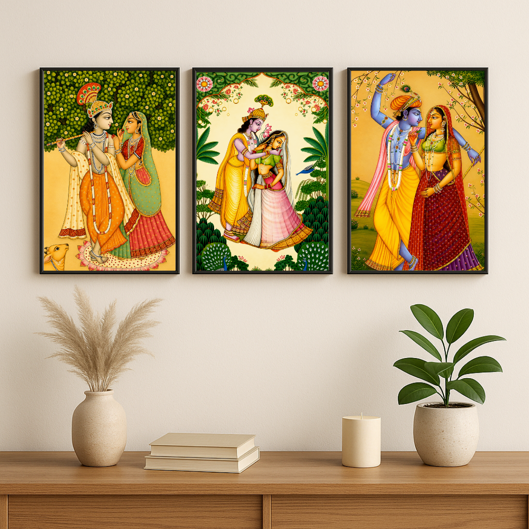 Radha Krishna Wall Art Set of 3 – Traditional Indian Divine Couple Paintings | Spiritual Home Décor