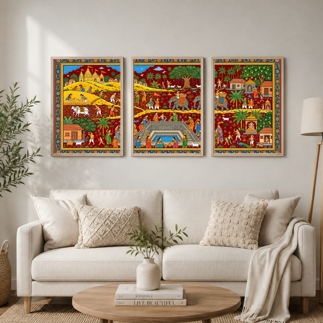 Indian Folk Art Village Life Wall Art Set of 3 | Traditional Rajasthani Artwork Posters | Decorexhome
