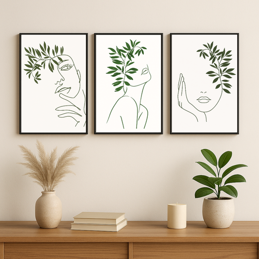 Minimalist Botanical Line Art Faces Wall Art Set | Modern Green Abstract Gallery Prints (Set of 3) by Decorxhome