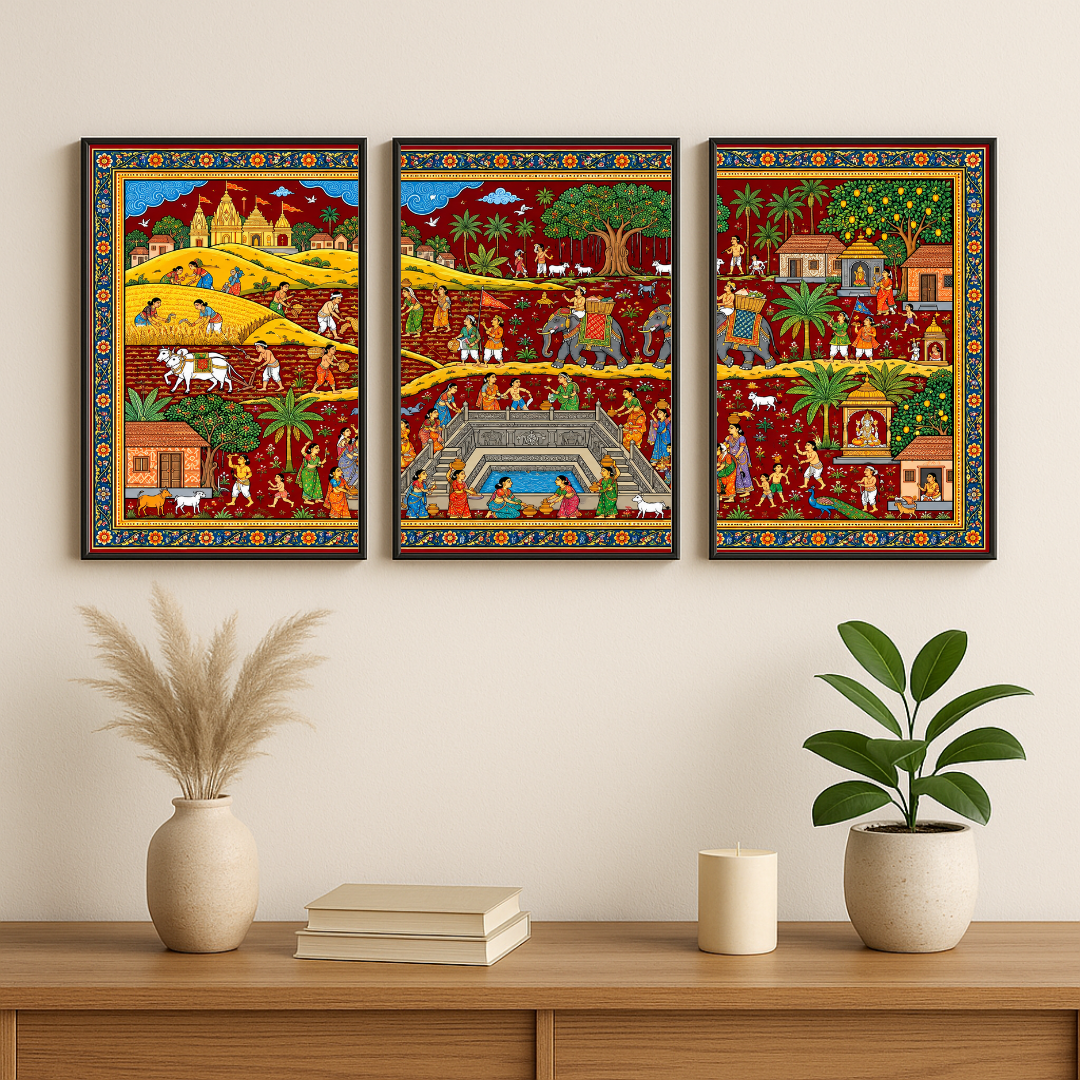 Indian Folk Art Village Life Wall Art Set of 3 | Traditional Rajasthani Artwork Posters | Decorexhome