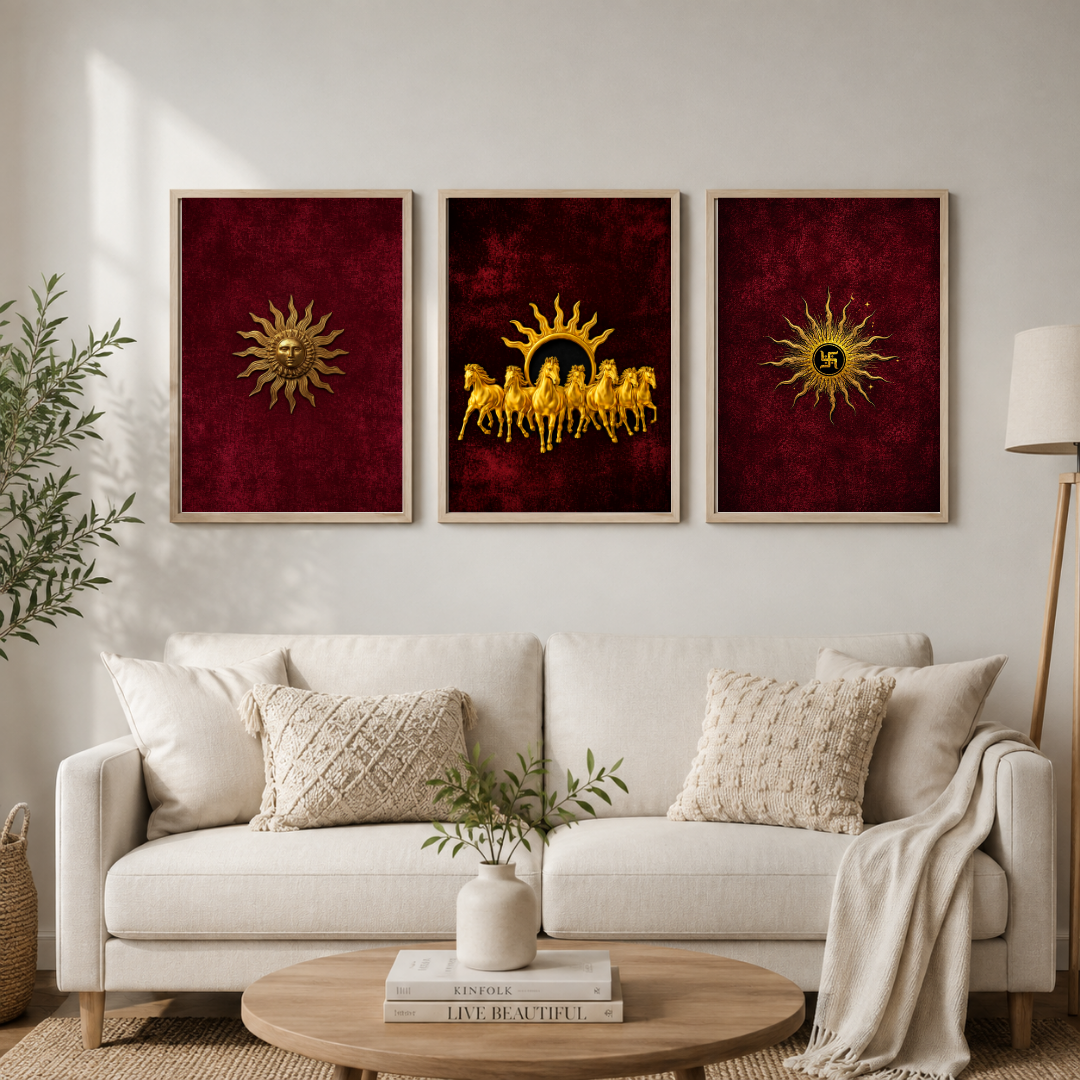 Surya Dev Wall Art Set of 3 – Golden Sun God & Seven Horses | Traditional Hindu Spiritual Décor