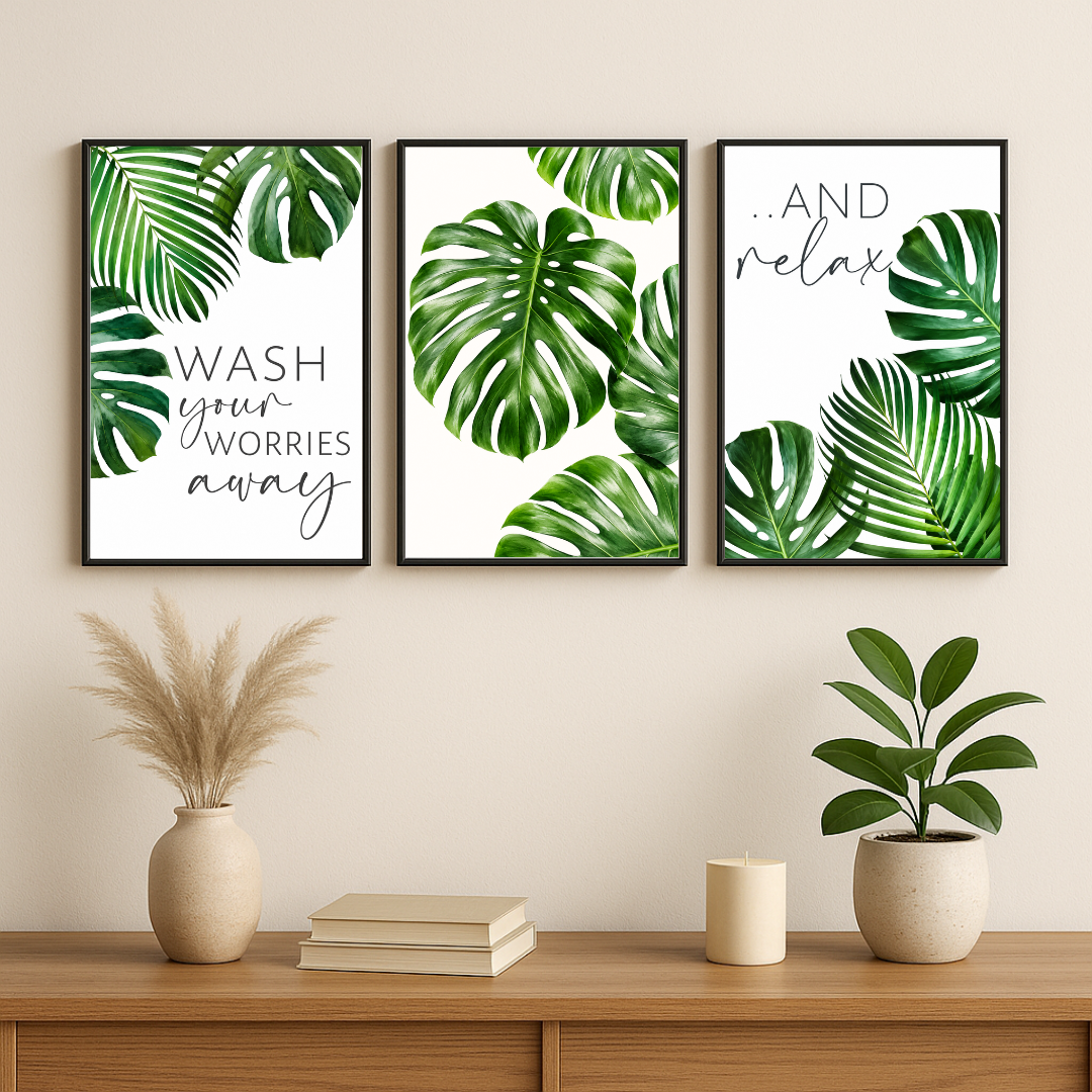 Tropical Monstera Bathroom Wall Art Set | Relaxing Botanical Spa Prints (Set of 3) by Decorxhome