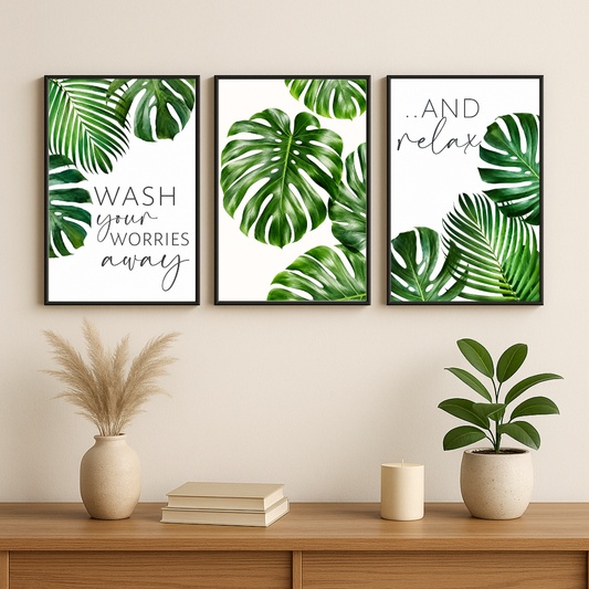 Tropical Monstera Bathroom Wall Art Set | Relaxing Botanical Spa Prints (Set of 3) by Decorxhome