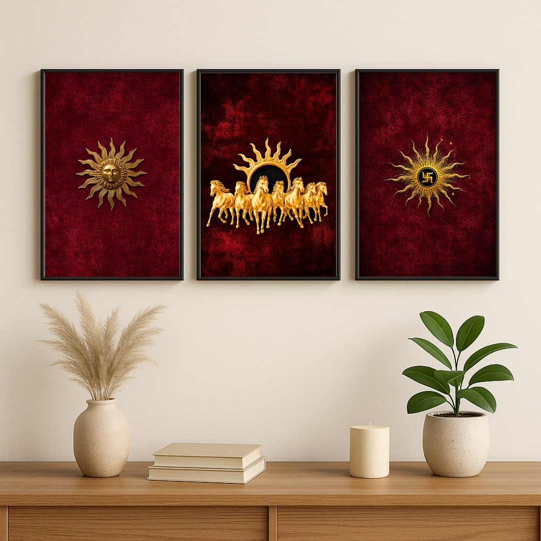 Surya Dev Wall Art Set of 3 – Golden Sun God & Seven Horses | Traditional Hindu Spiritual Décor