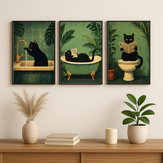 Whimsical Black Cat Bathroom Wall Art Set | Vintage Botanical Cat Prints (Set of 3) by Decorxhome
