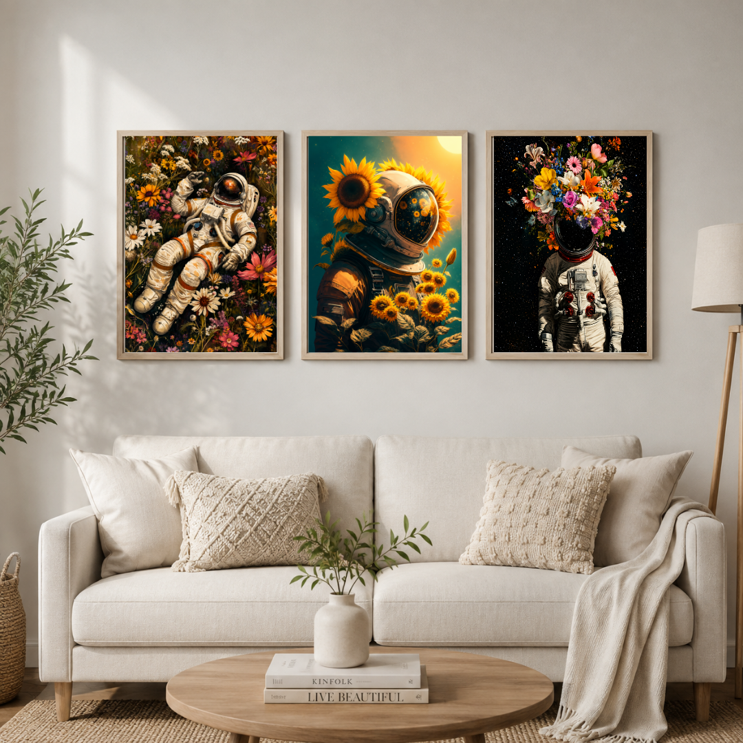 Astronaut Flower Wall Art Set of 3 – Surreal Space & Floral Posters | Modern Creative Wall Décor