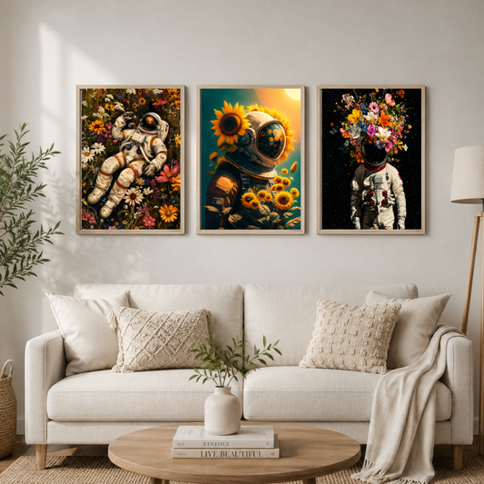 Astronaut Flower Wall Art Set of 3 – Surreal Space & Floral Posters | Modern Creative Wall Décor