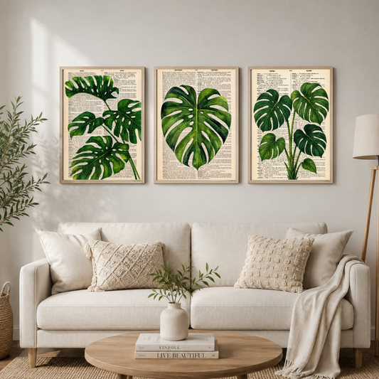 Monstera Botanical Wall Art Set of 3 – Vintage Tropical Leaf Prints | Green Botanical Home Décor