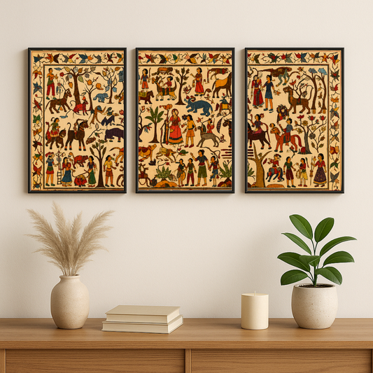 Indian Folk Art Gallery Wall Set | Traditional Heritage Narrative Prints (Set of 3) by Decorxhomeopy)
