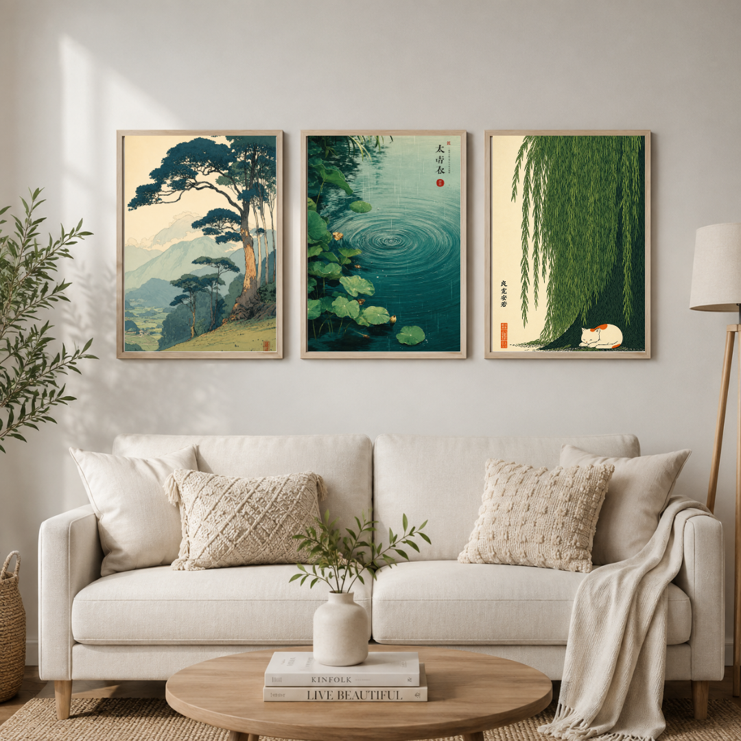 Japanese Zen Wall Art Set of 3 – Mountain, Lotus Pond & Willow Tree Prints | Japandi Home Décor