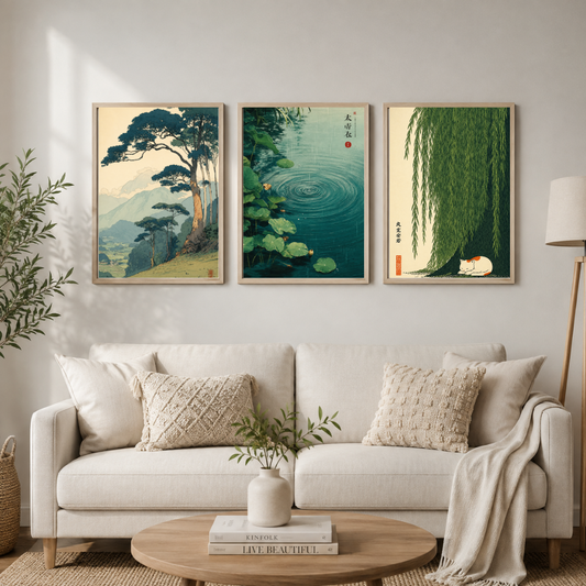 Japanese Zen Wall Art Set of 3 – Mountain, Lotus Pond & Willow Tree Prints | Japandi Home Décor