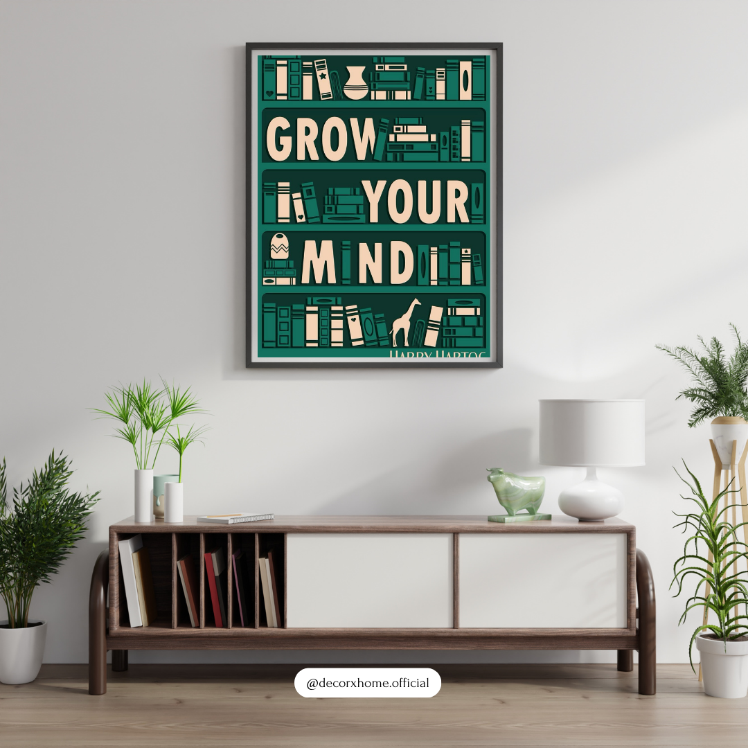 Grow Your Mind – Minimalist Bookshelf Inspirational Wall Poster