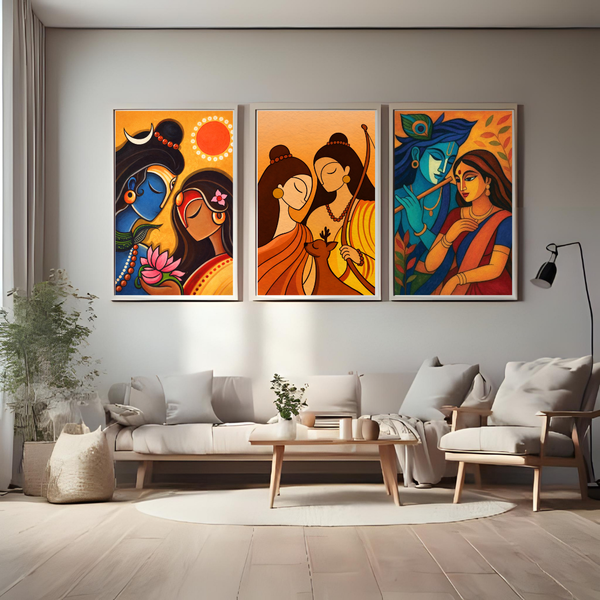Shiva Parvati & Ram Sita Devotional Wall Art Set – Spiritual Mythology Poster Trio (Set of 3) | Decorxhome