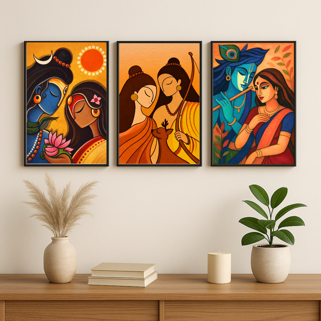 Shiva Parvati & Ram Sita Devotional Wall Art Set – Spiritual Mythology Poster Trio (Set of 3) | Decorxhome