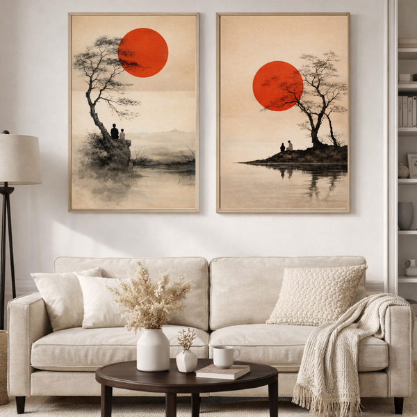 Minimalist Red Sun Landscape Wall Art Set – Serenity Tree & Lake Poster Duo (Set of 2) | Decorxhome