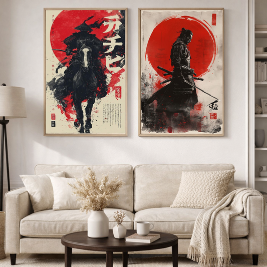 Samurai Warrior Wall Art Set – Japanese Red Sun & Horse Poster Duo (Set of 2) | Decorxhome