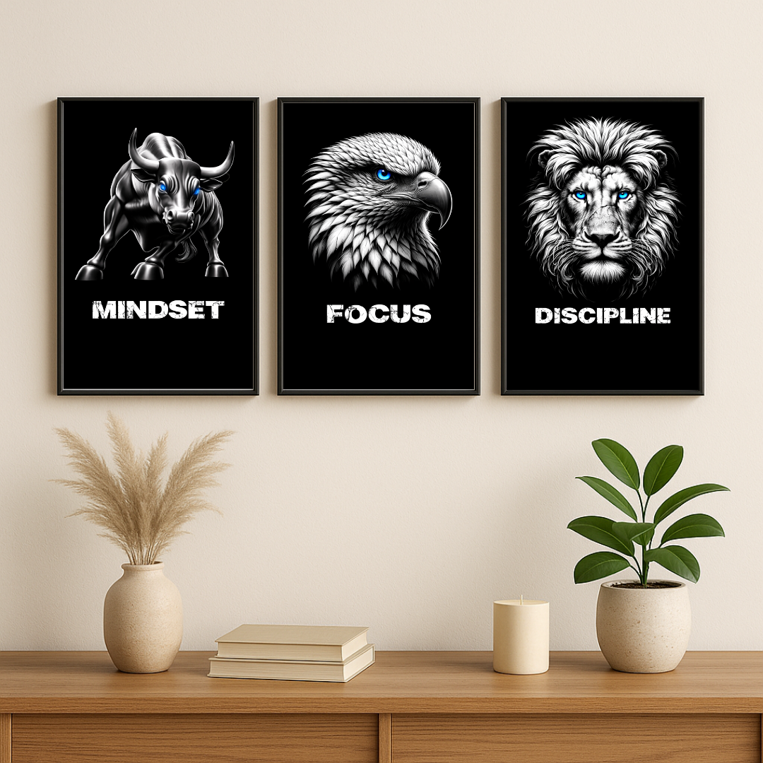 Mindset • Focus • Discipline Motivational Poster Set (Set of 3) – Modern Black Wall Art | Decorxhome