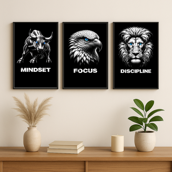 Mindset • Focus • Discipline Motivational Poster Set (Set of 3) – Modern Black Wall Art | Decorxhome