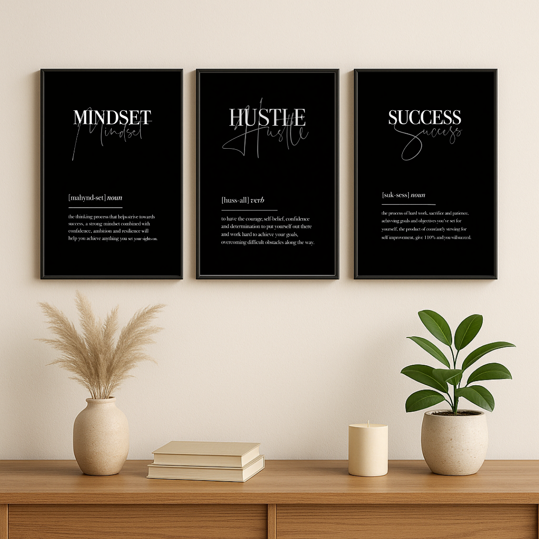 Mindset • Hustle • Success Motivational Poster Set (Set of 3) – Minimalist Black Typography Wall Art | Decorxhome