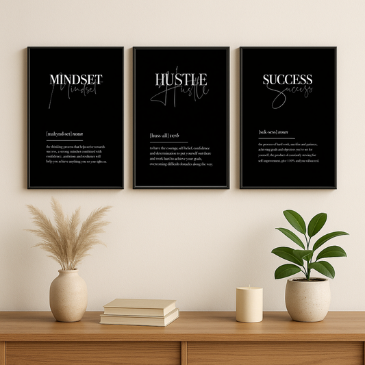 Mindset • Hustle • Success Motivational Poster Set (Set of 3) – Minimalist Black Typography Wall Art | Decorxhome