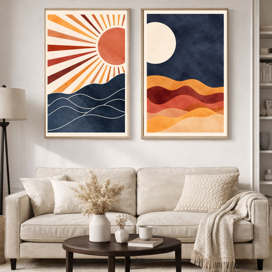 Sun & Moon Abstract Landscape Wall Art (Set of 2) – Modern Minimalist Boho Posters | Decorxhome