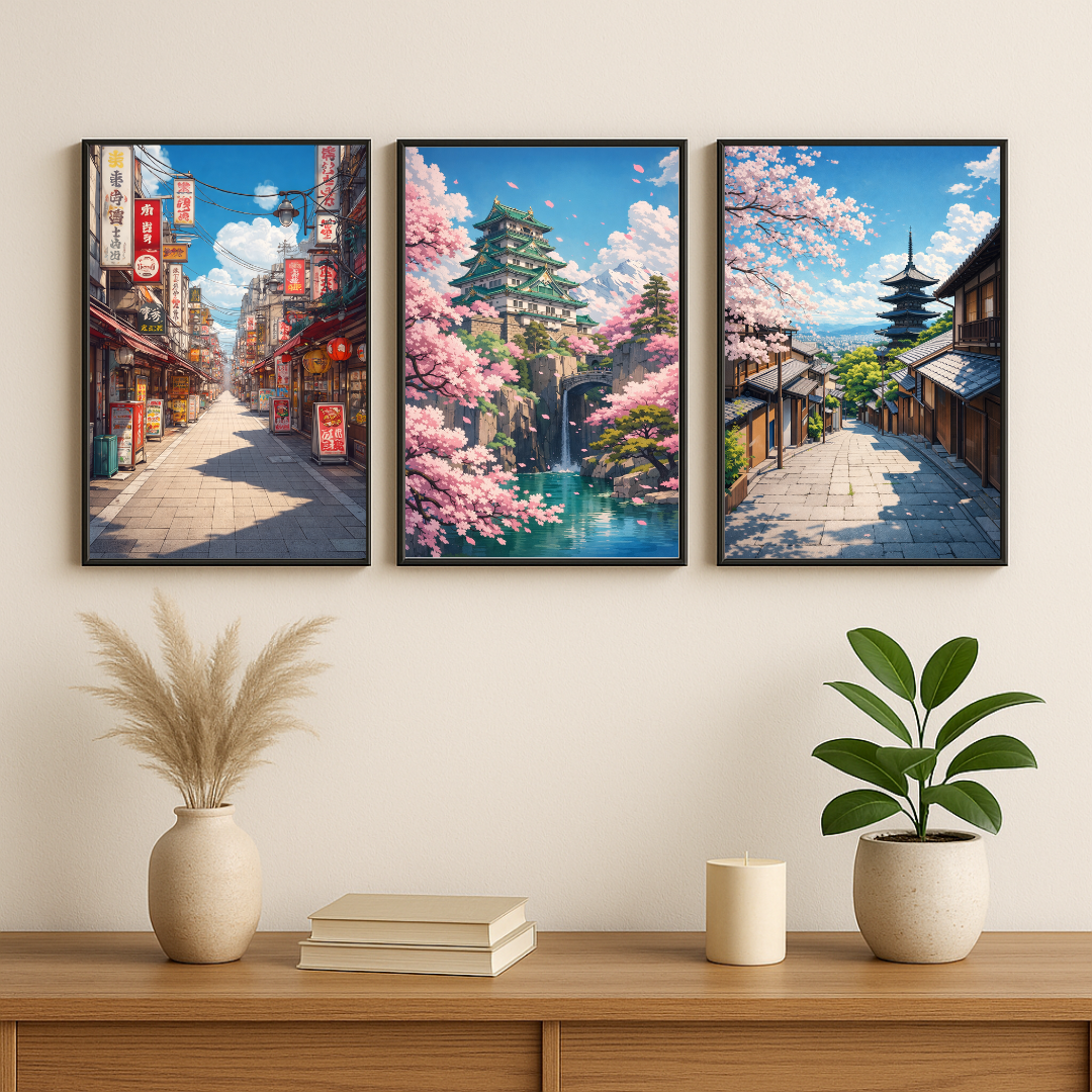 Japanese Cherry Blossom Cityscape Poster Set (Set of 3) – Kyoto Street & Temple Wall Art | Decorxhome