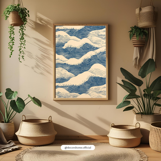 Japanese Minimalist Ocean Waves Poster – Indigo Wave Pattern Wall Art | Decorxhome